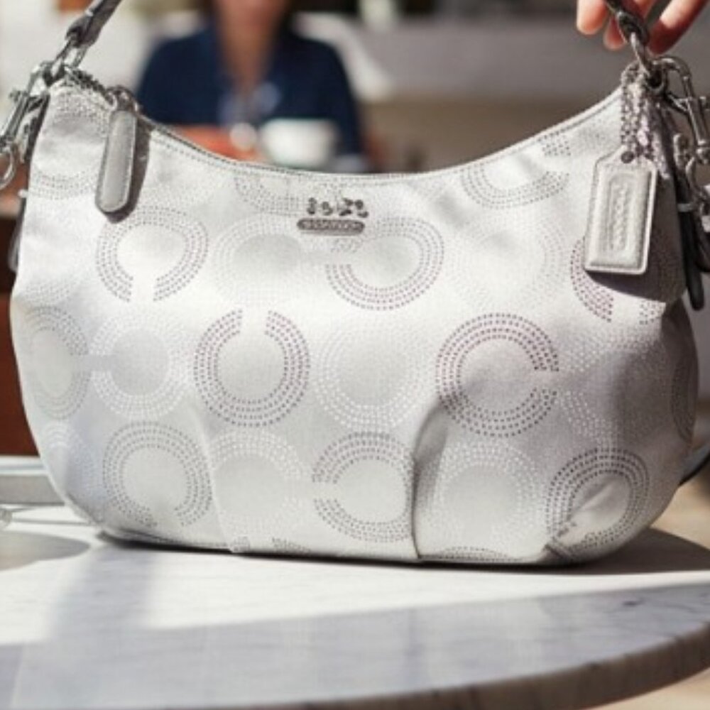 Coach Madison Two Tone Silver Sateen Dotted Opti-Art Hobo Convertible Shoulder - Picture 2 of 12